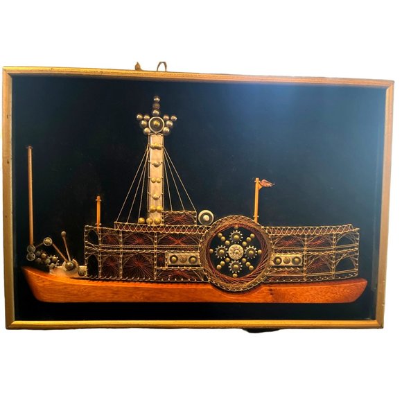 Vtg Velvet Steamboat Wire String Art Steam Punk Shadow Box Framed 70's - Picture 3 of 7